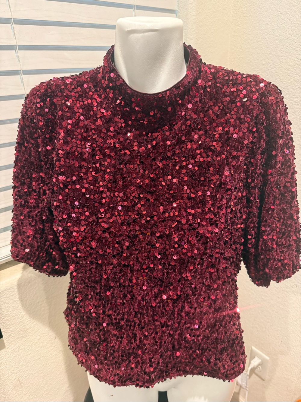Nanette Lepore Burgundy Sequin Velvet Top Mock Neck